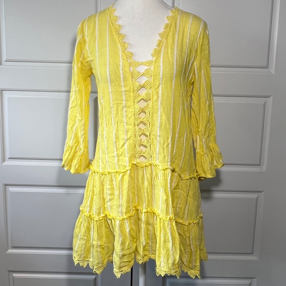 Blue Island Yellow White Striped Tiered Mini Dress Crochet Trim‎ Coverup Small